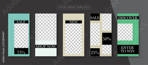 Editable Stories Minimal Vector Layout. Social Media Like and Share, Trends, Sale -50 Photo Frames Kit. Sale Insta Stories Layout
