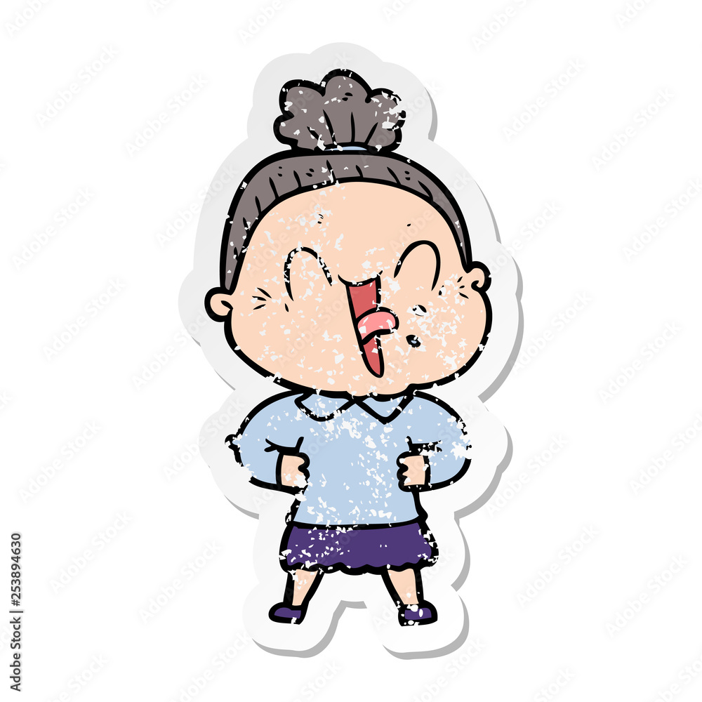 distressed sticker of a cartoon happy old woman distressed sticker of a cartoon happy old woman