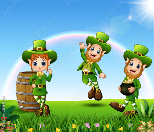 Fototapeta Naklejka Na Ścianę i Meble -  Cartoon leprechaun in the park for parade of Happy St. Patrick's Day