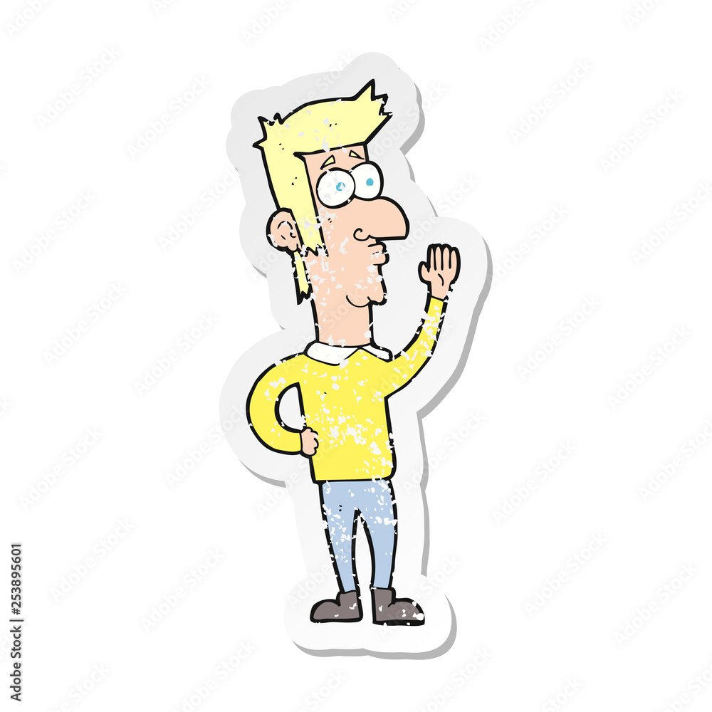 retro distressed sticker of a cartoon man waving retro distressed sticker of a cartoon man waving