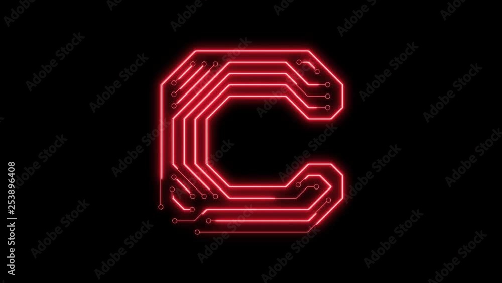 Animated red neon glowing alphabet letter C as circuit board style Animated red neon glowing alphabet letter C as circuit board style