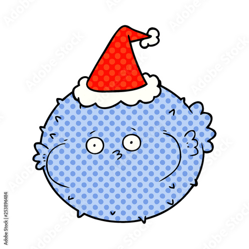 comic book style illustration of a puffer fish wearing santa hat