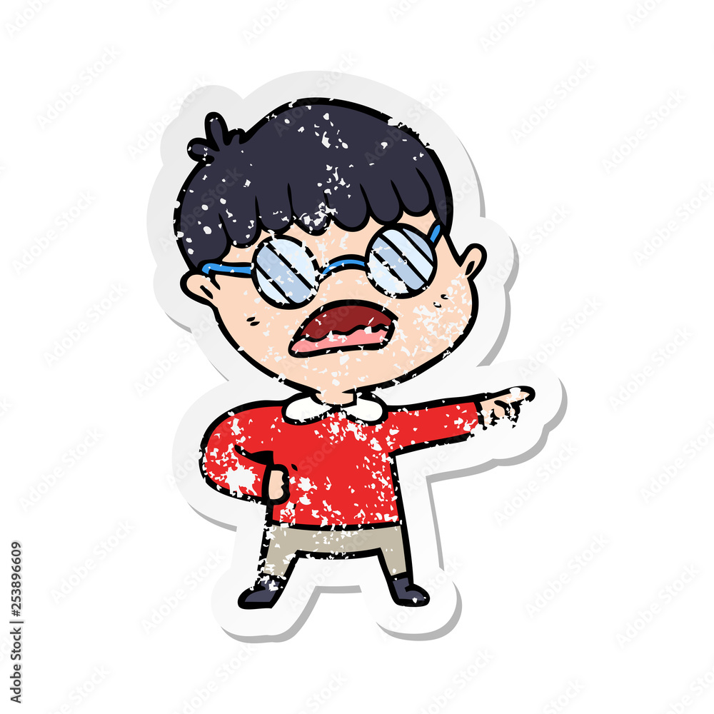 distressed sticker of a cartoon pointing boy wearing spectacles distressed sticker of a cartoon pointing boy wearing spectacles