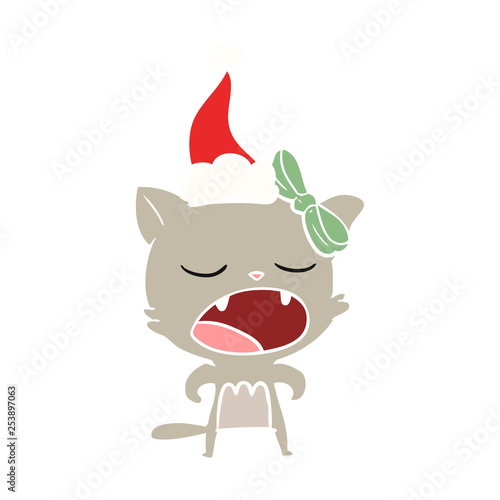 flat color illustration of a cat meowing wearing santa hat