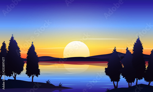 Beautiful dawn lake landscape vector background