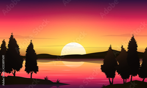 Beautiful sunset lake landscape background