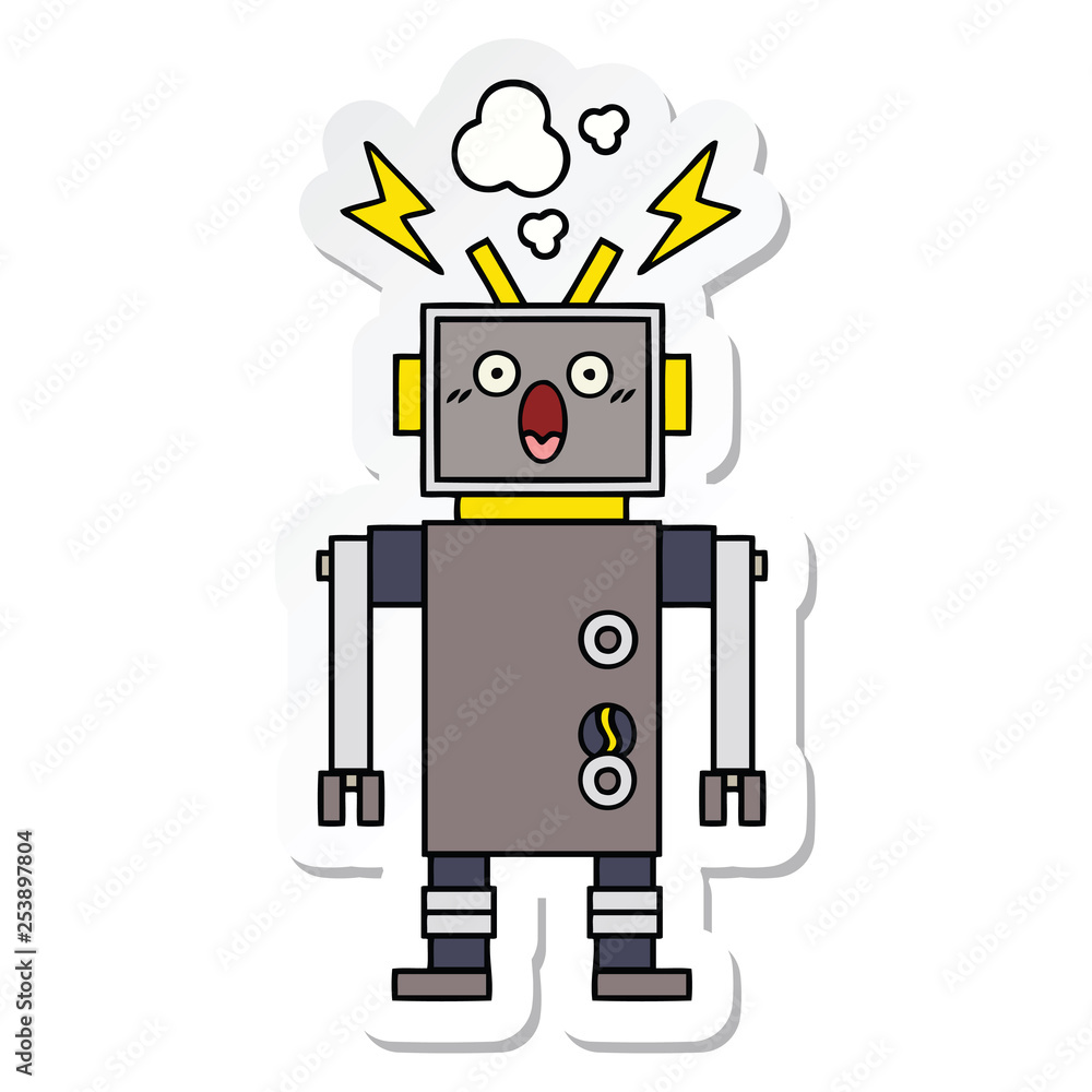 sticker of a cute cartoon malfunctioning robot sticker of a cute cartoon malfunctioning robot