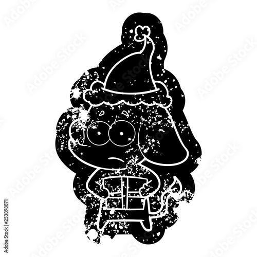 cartoon distressed icon of a unsure elephant with christmas present wearing santa hat