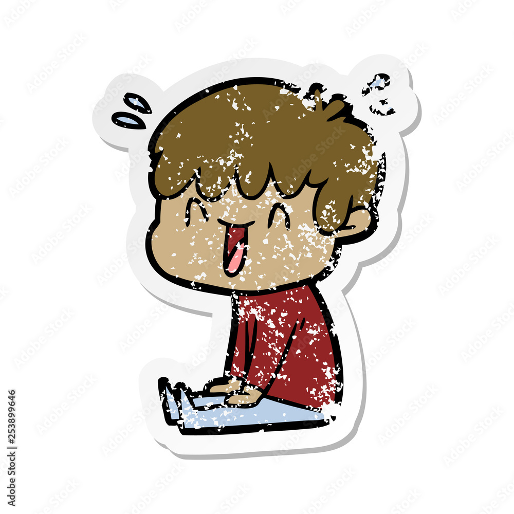 distressed sticker of a cartoon laughing boy distressed sticker of a cartoon laughing boy