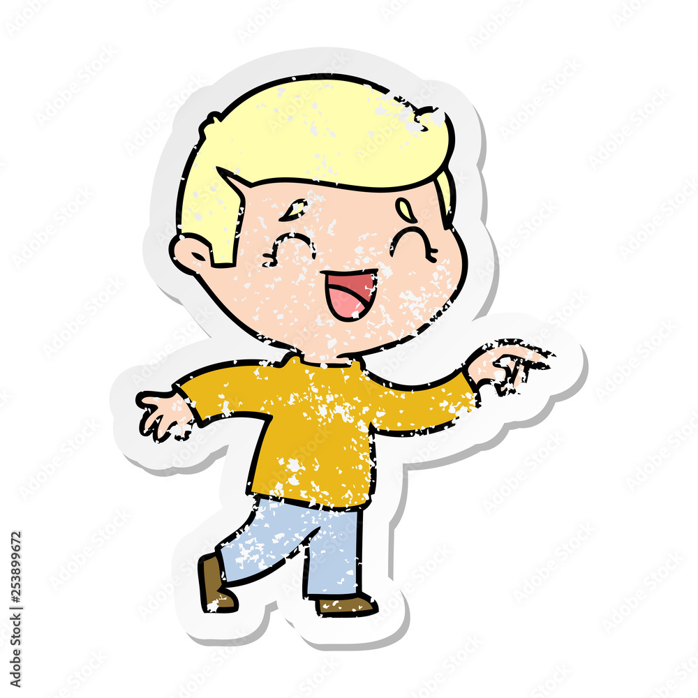 distressed sticker of a cartoon laughing man pointing distressed sticker of a cartoon laughing man pointing