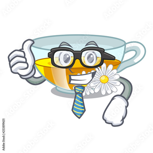 Businessman chamomile tea in the character bottles