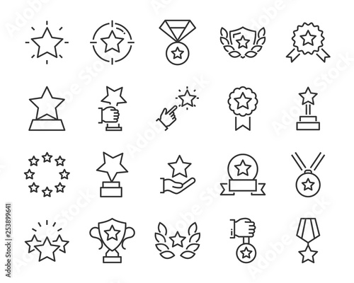 set of award line icons, such as star, champion, prize, achievement, winner, trophy, glory, certificate