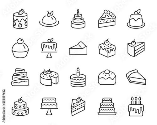 set of bakery icons, such as cake, doughnut,  bread, cheese, pie, tart