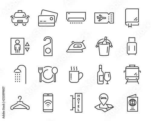 set of hotel icons, such as  dormitory, apartment, bed, room, service, hostel, park