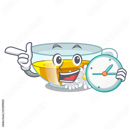 With clock chamomile tea in the character bottles