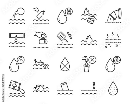 set of water pollution icons, such as, pollution, dirty, bin, plastic, industry waste , world water day, waste