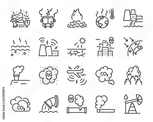 set of air pollution icons, such as, smoke, dust, gas, industry, pm 2.5