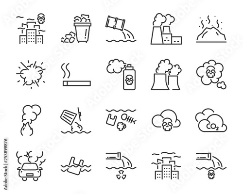 set of air pollution icons, such as, smoke, dust, gas, industry, pm 2.5