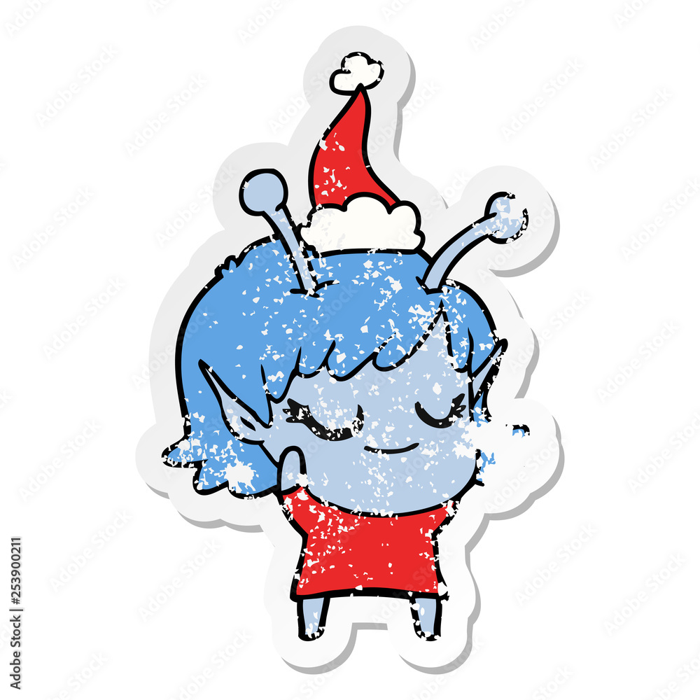 smiling alien girl distressed sticker cartoon of a wearing santa hat smiling alien girl distressed sticker cartoon of a wearing santa hat