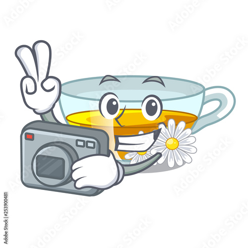 Photographer chamomile tea in the cartoon shape