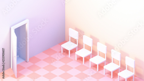 Isometric waiting room with empty chairs. 3d rendering picture.