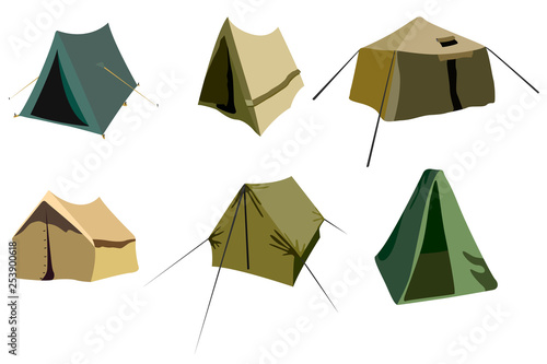 Set of six tents of different shapes and colors. © Anton