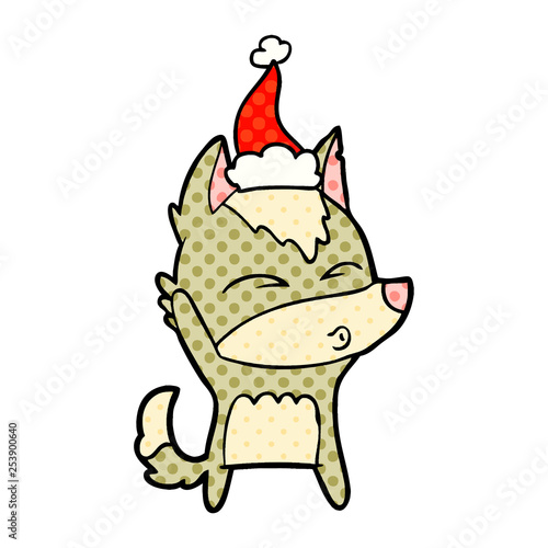 comic book style illustration of a wolf whistling wearing santa hat