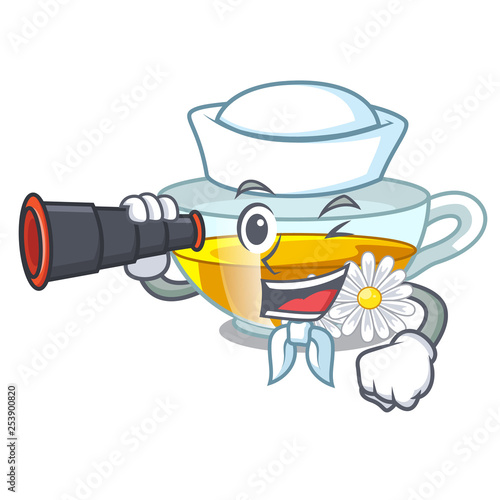Sailor with binocular chamomile tea in the cartoon shape