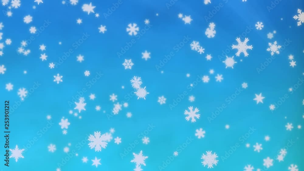 Falling snowflakes and bokeh particles on bright blue background. Abstract New Year backdrop. Animation of snowflakes slowly fall and rotate. 4k UHD Falling snowflakes and bokeh particles on bright blue background. Abstract New Year backdrop. Animation of snowflakes slowly fall and rotate. 4k UHD