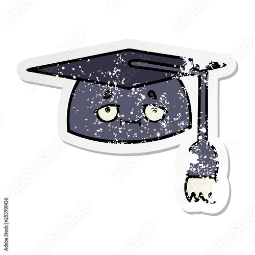 distressed sticker of a cute cartoon graduation hat