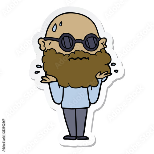 sticker of a cartoon worried man with beard and sunglasses
