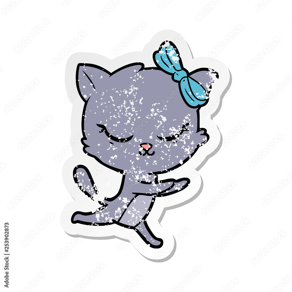 Fototapeta premium distressed sticker of a cute cartoon cat with bow