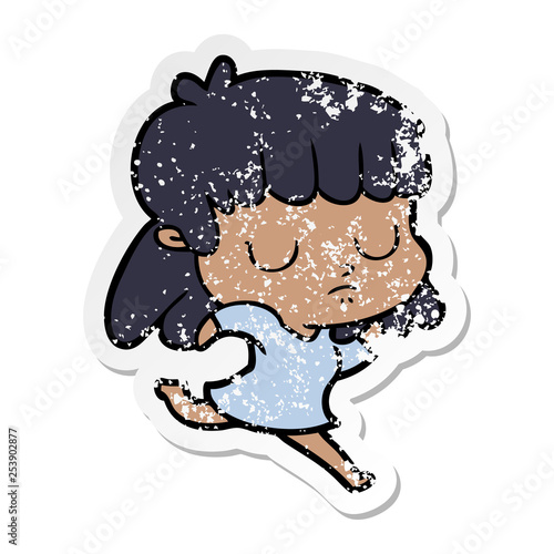 distressed sticker of a cartoon indifferent woman running