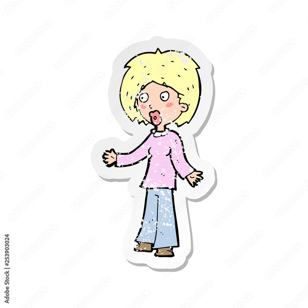 retro distressed sticker of a cartoon surprised woman retro distressed sticker of a cartoon surprised woman