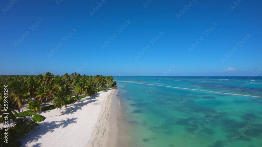 Dawn palm beach on the Caribbean Sea. Bright blue sea waves off the Dominican Peninsula. Blue open sky on a sunny morning. Dawn palm beach on the Caribbean Sea. Bright blue sea waves off the Dominican Peninsula. Blue open sky on a sunny morning.