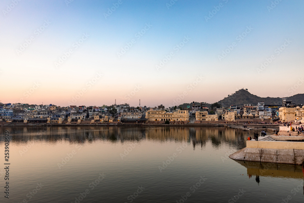 Pushkar lake during sunset with the architectural touch of the town