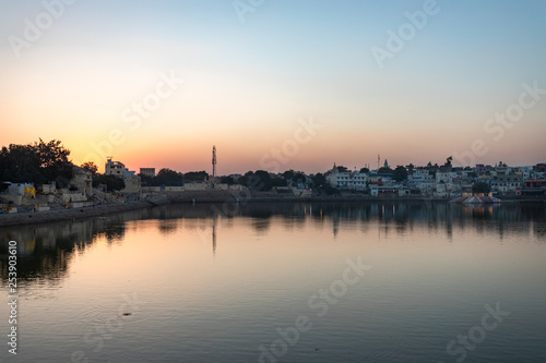 Pushkar lake during sunset with the architectural touch of the town © Nitish