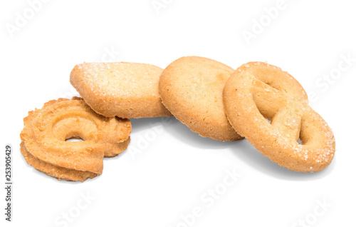 Danish butter cookies, butter cookies on white background.
