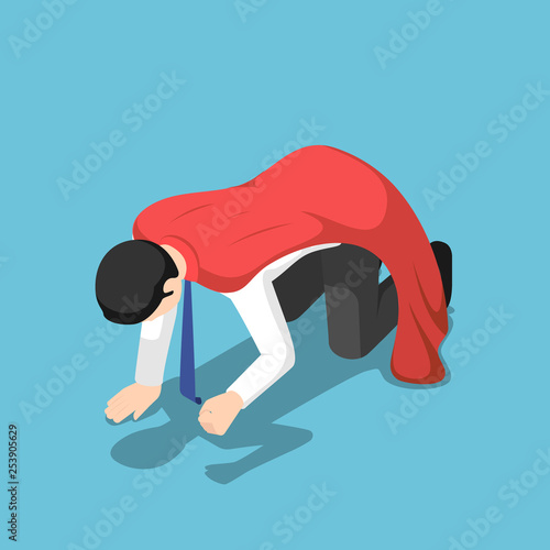 Isometric depressed super businessman kneeling on the floor