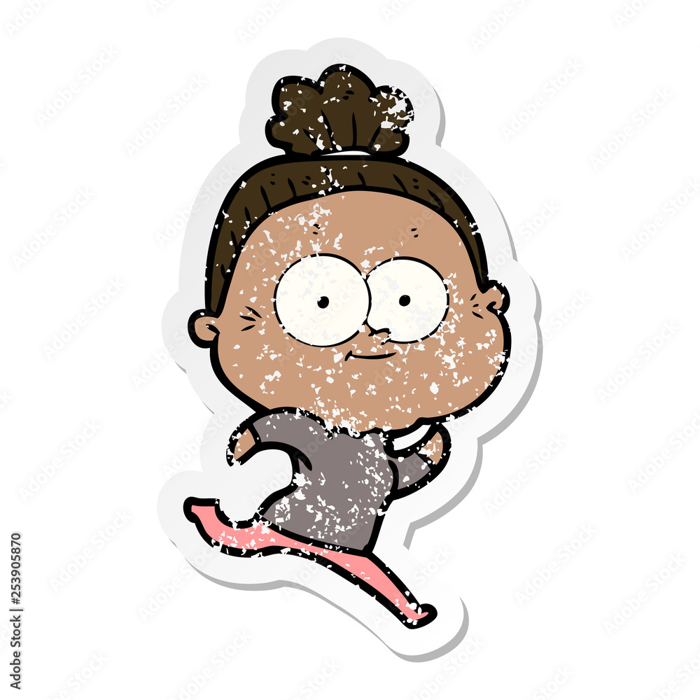 distressed sticker of a cartoon happy old woman distressed sticker of a cartoon happy old woman