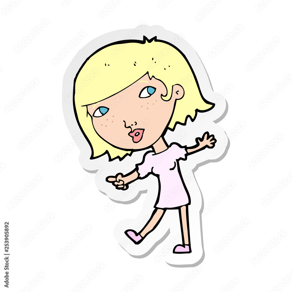 sticker of a cartoon happy girl gesturing to follow sticker of a cartoon happy girl gesturing to follow
