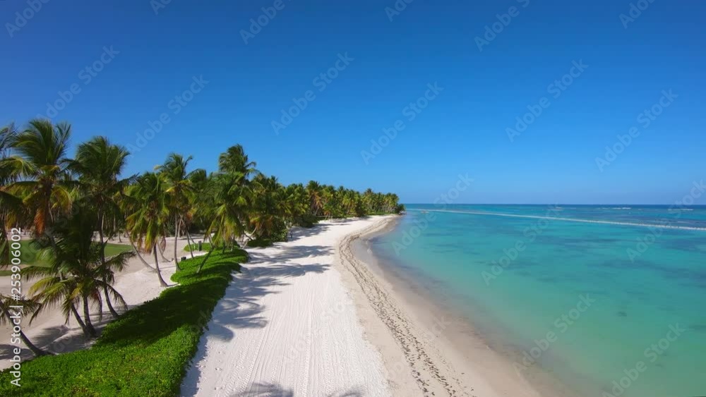 Summer island with a white sandy beach and tall palm trees. Blue Caribbean sea and sky. Top view of a paradise tropical island / The most beautiful beaches of the world and the Dominican Republic Summer island with a white sandy beach and tall palm trees. Blue Caribbean sea and sky. Top view of a paradise tropical island / The most beautiful beaches of the world and the Dominican Republic