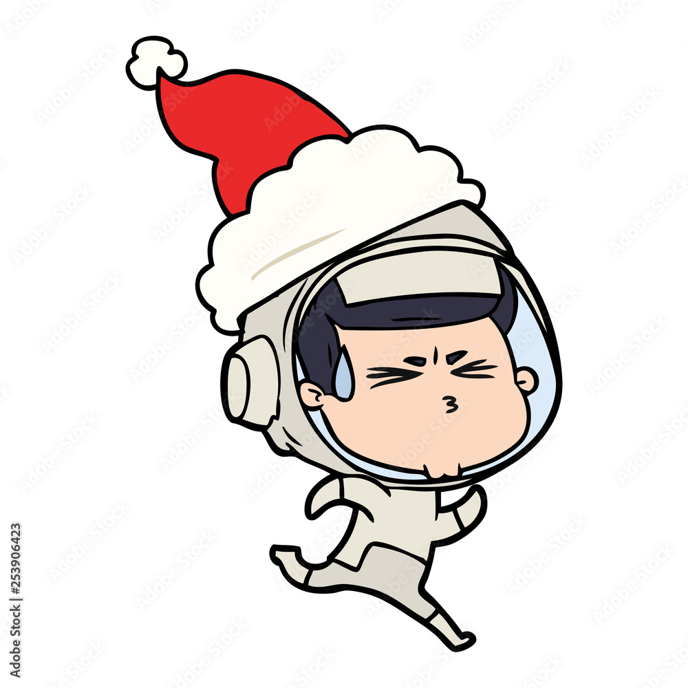 Fototapeta premium line drawing of a stressed astronaut wearing santa hat