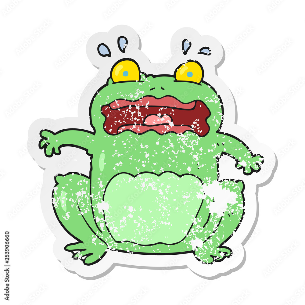 retro distressed sticker of a cartoon funny frightened frog retro distressed sticker of a cartoon funny frightened frog