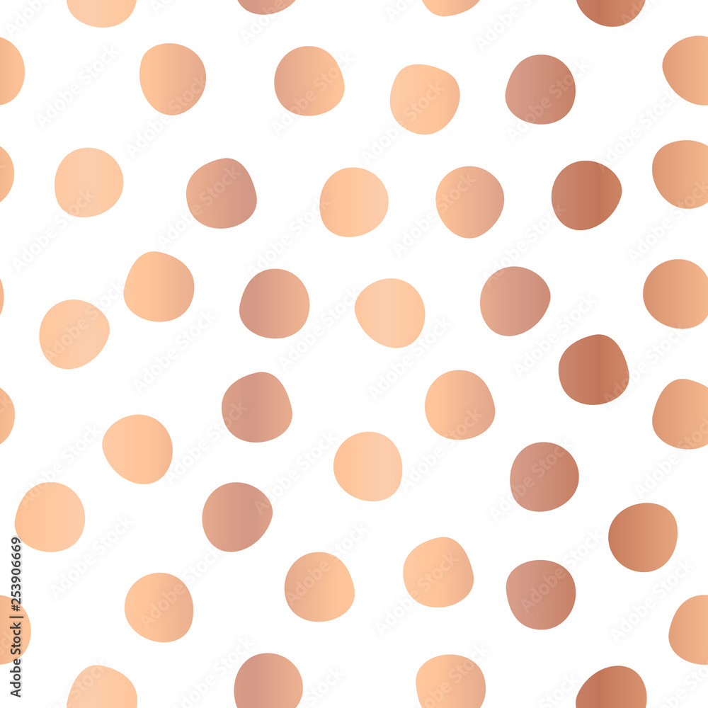 Polka dots copper foil on white seamless vector background. Rose gold circles repeating pattern. Elegant backdrop. Use for invitation, celebration, card, banner, birthday, party, wedding, decor Polka dots copper foil on white seamless vector background. Rose gold circles repeating pattern. Elegant backdrop. Use for invitation, celebration, card, banner, birthday, party, wedding, decor