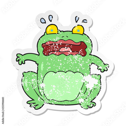 retro distressed sticker of a cartoon funny frightened frog