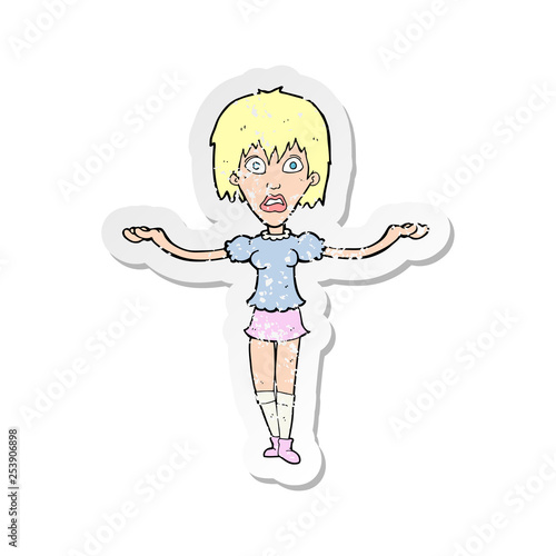 retro distressed sticker of a cartoon woman shrugging shoulders