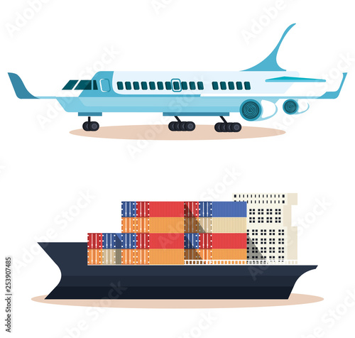 ship with containers and airplane