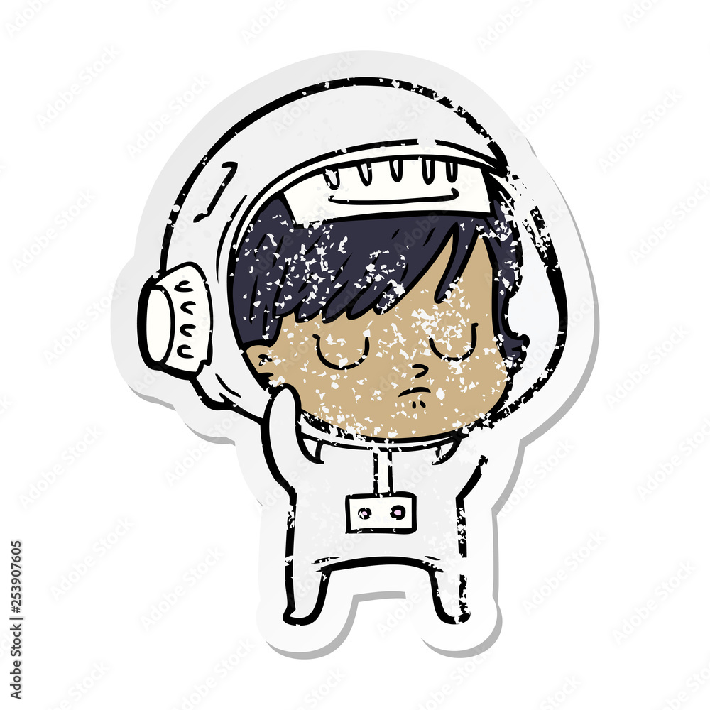 distressed sticker of a cartoon astronaut woman distressed sticker of a cartoon astronaut woman