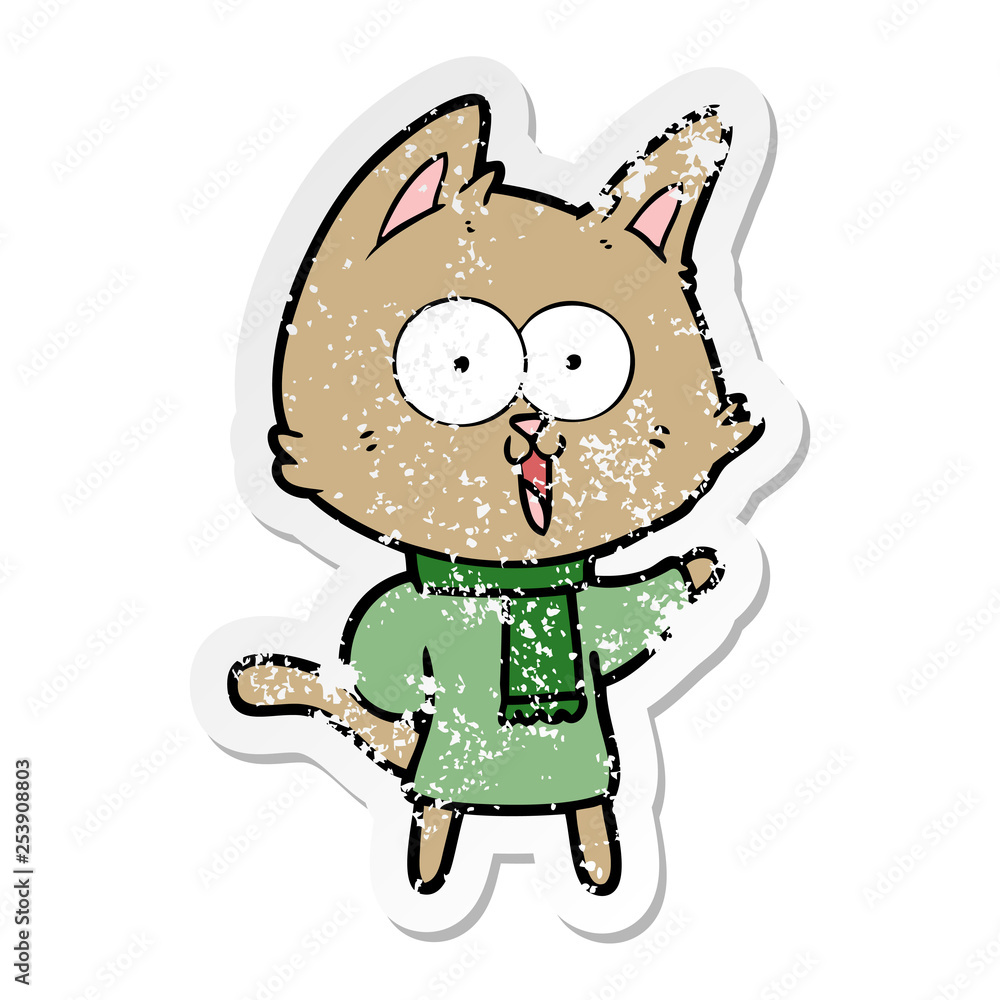 distressed sticker of a funny cartoon cat distressed sticker of a funny cartoon cat